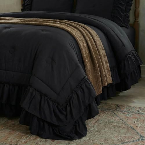 Bedding_Dreamer Black Ruffle Comforter Set Queen, 3 Pieces Shabby Chic Farmhouse Bedding, Soft Microfiber Comforter with Matching Shams, All Season - Image 5