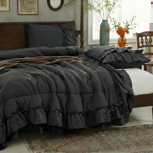 Bedding_Dreamer Black Ruffle Comforter Set Queen, 3 Pieces Shabby Chic Farmhouse Bedding, Soft Microfiber Comforter with Matching Shams, All Season - Image 3