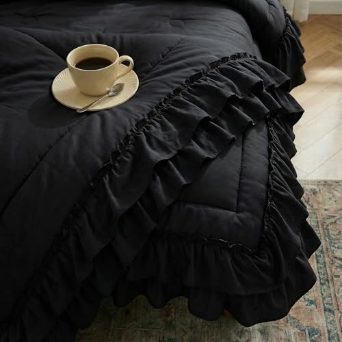 Bedding_Dreamer Black Ruffle Comforter Set Queen, 3 Pieces Shabby Chic Farmhouse Bedding, Soft Microfiber Comforter with Matching Shams, All Season - Image 4