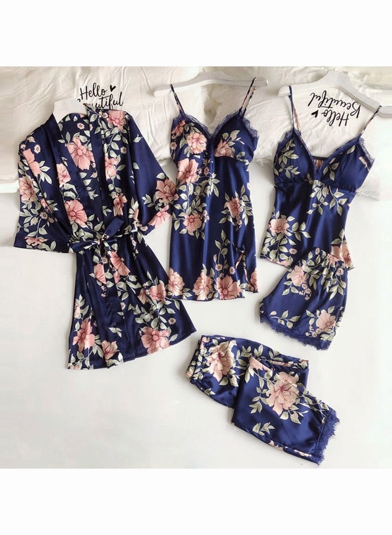 مجموعات ملابس نوم نسائية مكونة من 5 قطع من ملابس نوم دانتيل حبال بيجامة حلوة ملابس منزلية ملابس تنحيف بدلات طباعة زهور للسيدات ملابس نوم ملابس داخلية رداء داخلي شورت صيفي ربيعي أزرق - Image 1