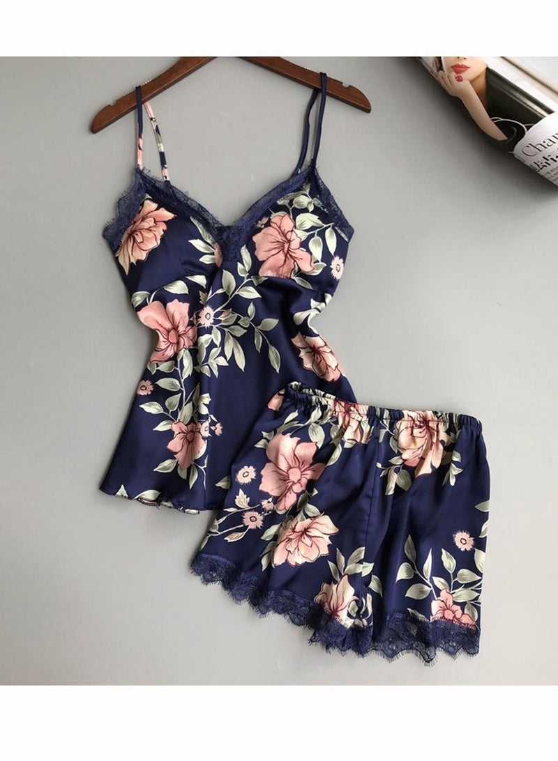 مجموعات ملابس نوم نسائية مكونة من 5 قطع من ملابس نوم دانتيل حبال بيجامة حلوة ملابس منزلية ملابس تنحيف بدلات طباعة زهور للسيدات ملابس نوم ملابس داخلية رداء داخلي شورت صيفي ربيعي أزرق - Image 5