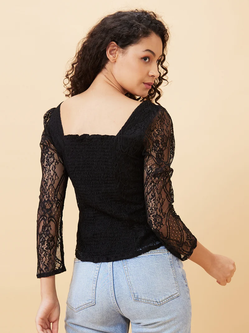 globus Women Sweetheart Neck Puff Sleeves Smocked Lace Party Top