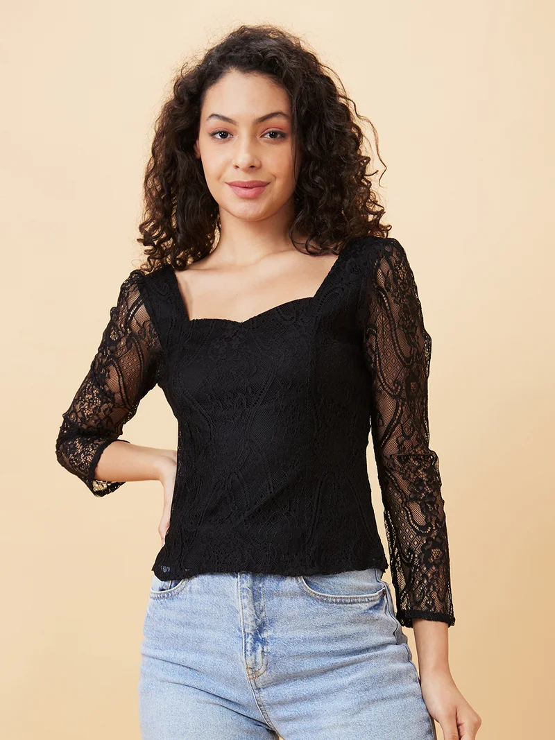 globus Women Sweetheart Neck Puff Sleeves Smocked Lace Party Top