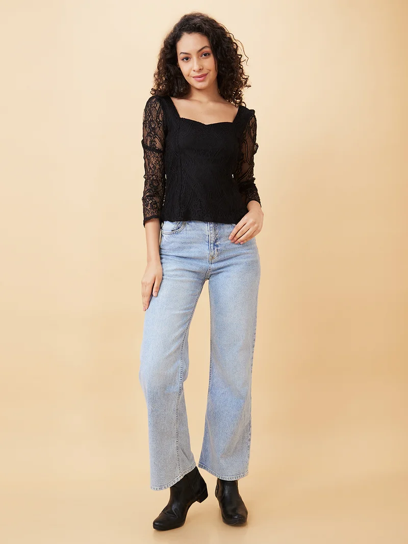 globus Women Sweetheart Neck Puff Sleeves Smocked Lace Party Top