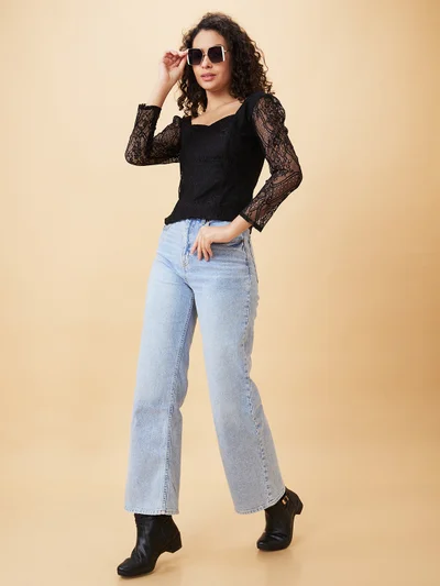 globus Women Sweetheart Neck Puff Sleeves Smocked Lace Party Top
