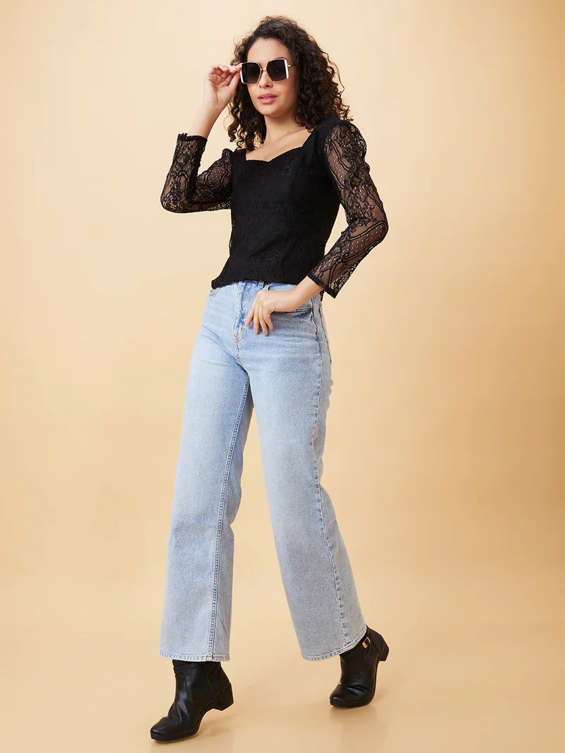 globus Women Sweetheart Neck Puff Sleeves Smocked Lace Party Top