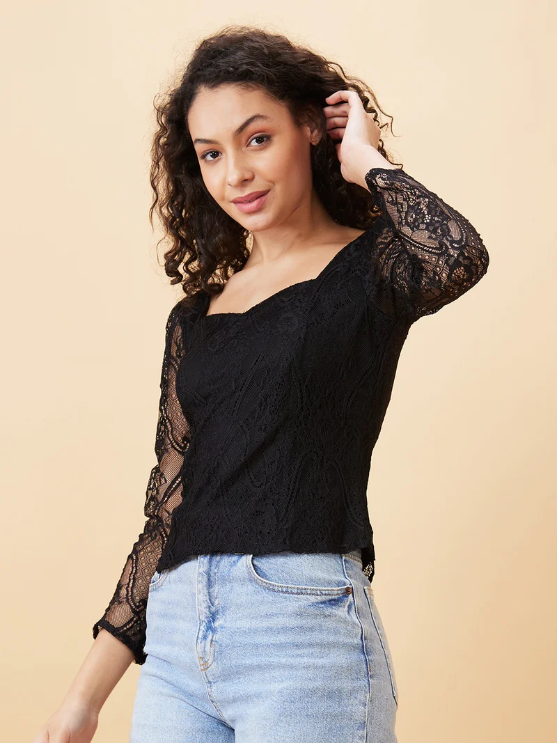 globus Women Sweetheart Neck Puff Sleeves Smocked Lace Party Top