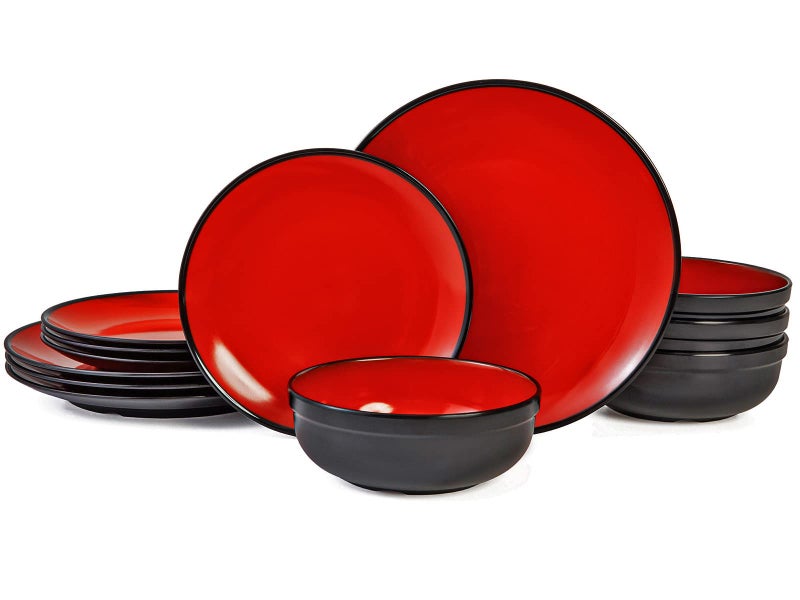 TP 12Piece Dinnerware Set Melamine Dishes Set with Bowls and Plates Nonbreakable and Lightweight Dinner Service for 4 Glossy Black and Red