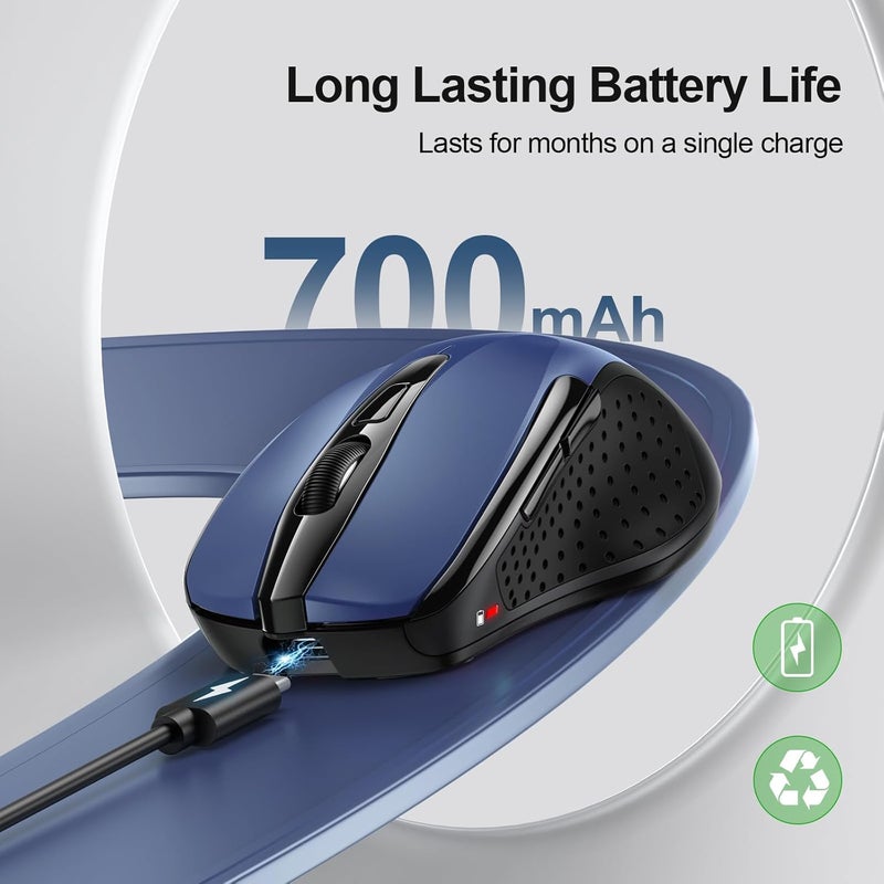 TECKNET Rechargeable Wireless Mouse, 2.4G Silent Quiet Click, 6 Adjustable 4800 DPI, Cordless Computer Mouse, Ergonomic Mouse for Laptop, 6 Buttons USB for Chromebook, Ergo Grip - Blue - Image 2