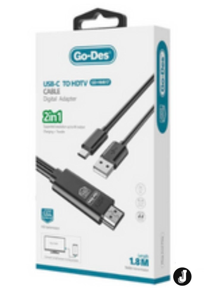 JAJEEK - 2-in-1 HDTV Type-C (USB-C) Cable 1.8 Meter – High-Speed Data Transfer & HD Video Output for Smartphones & Devices2-in-1 Functionality: Combines high-speed data transfer and HD video output in one cable for ultimate convenience. - Image 1