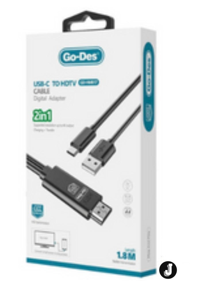 JAJEEK - 2-in-1 HDTV Type-C (USB-C) Cable 1.8 Meter – High-Speed Data Transfer & HD Video Output for Smartphones & Devices2-in-1 Functionality: Combines high-speed data transfer and HD video output in one cable for ultimate convenience. - Image 1
