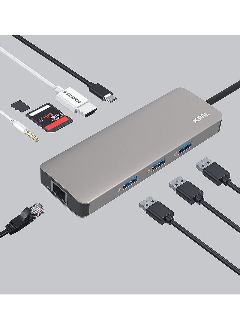 جي سي بال JCPAL تسعة منافذ USB-C Hub فضي 4K منفذ HDMI ، 3X USB-A ، مدخلات توصيل الطاقة USB-C وهيكل ألومنيوم متين  - Image 3