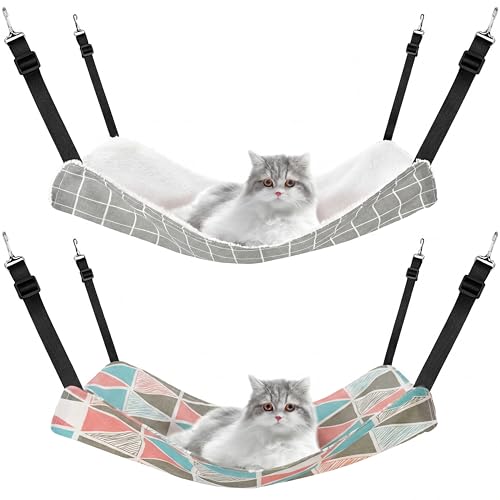 Jetec 2 Pack Cat Hammock for Cage Catio Accessories Reversible Soft Cats Bed with Adjustable Straps and Hooks DoubleSided Linen and Fleece Hanging Hammock for Cats KittenGeometry PatternM - Image 1