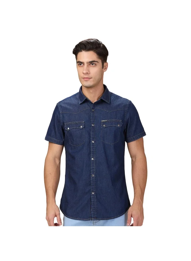 بيينغ هيومان Mens Dark Blue Collared Short Sleeve Shirt