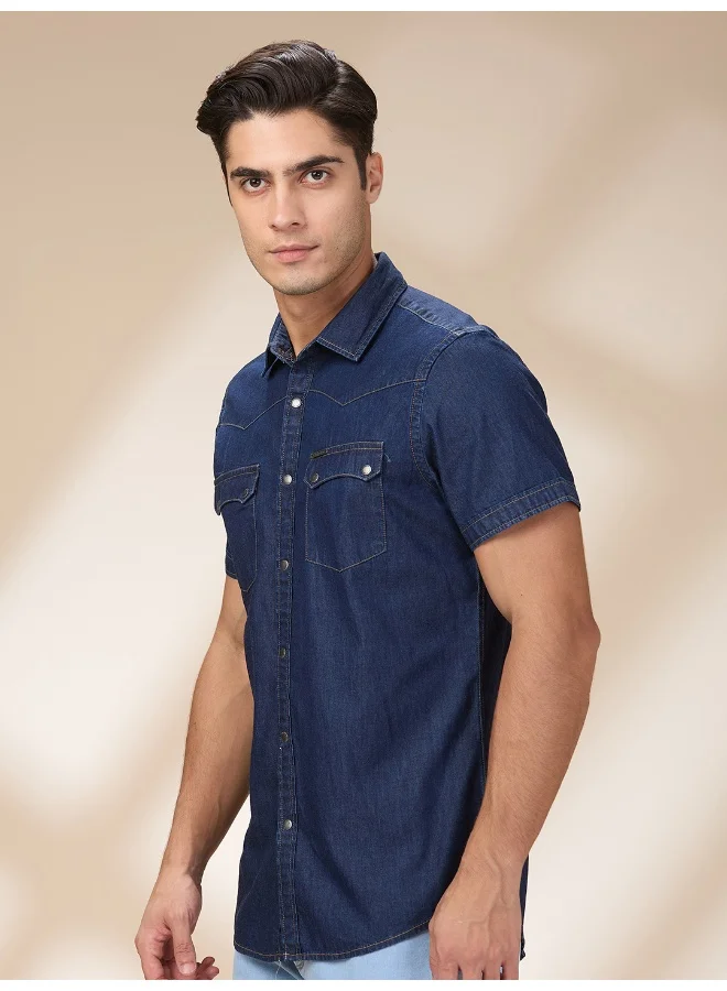 بيينغ هيومان Mens Dark Blue Collared Short Sleeve Shirt