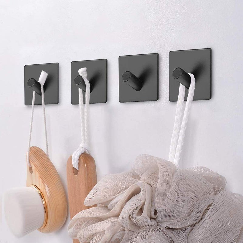 Tagve Stainless Steel Hooks 3M Self Adhesive Wall Hooks for Towel Coat Hook no drill Bathroom Kitchen Organizer Hooks Set of 4 Black - Image 2