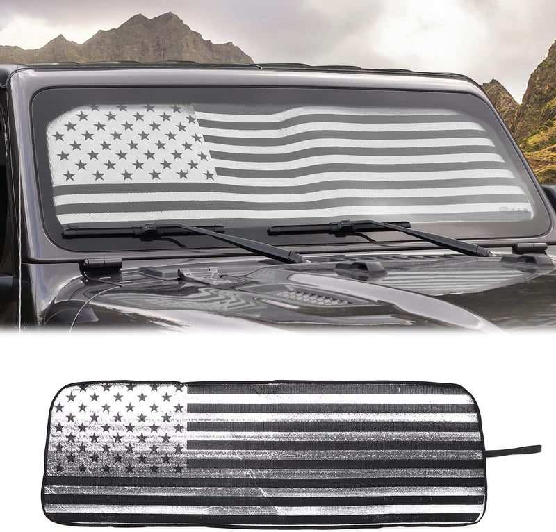 لواقي شمس لزجاج السيارة من طراز Jeep JL، مناسب للسنوات 2018–2022، لطرازات Jeep Wrangler JL JLU بأبواب 2/4، Gladiator JT، و4XE، مزود بعلم الولايات المتحدة (مقوى). - Image 1
