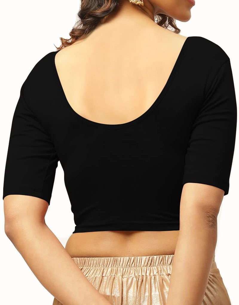 THE BLAZZE 1303_BLK_M Women's Cotton Scoop Neck Backless Elbow Sleeve Crop Top Readymade Saree Blouse for Women (1303_BLK_M) - Image 2