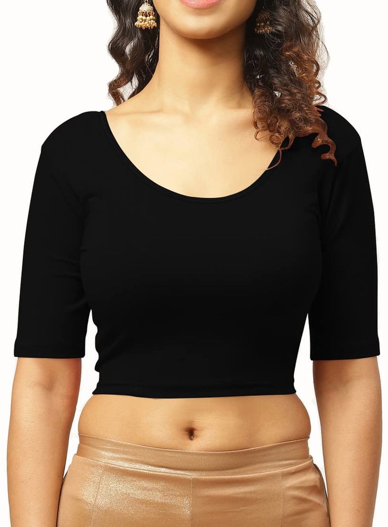 THE BLAZZE 1303_BLK_M Women's Cotton Scoop Neck Backless Elbow Sleeve Crop Top Readymade Saree Blouse for Women (1303_BLK_M) - Image 1