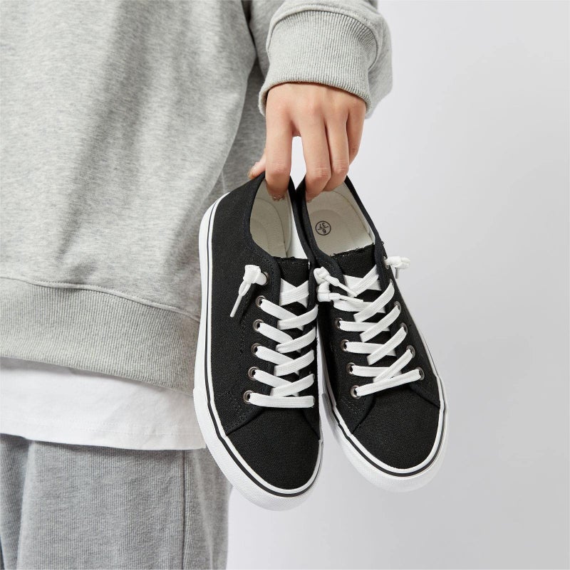 XRH Women Canvas Sneaker Slip On Non Slip Casual Shoes Lace Up Canvas Low Top White Shoes Loafers for Women Fashion Black Sneaker Shoes(Black,US7) - Image 3