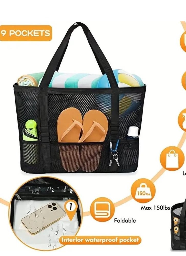 Generic New multifunctional one-shoulder shopping bag portable beach net hollow bag-black  - Image 3