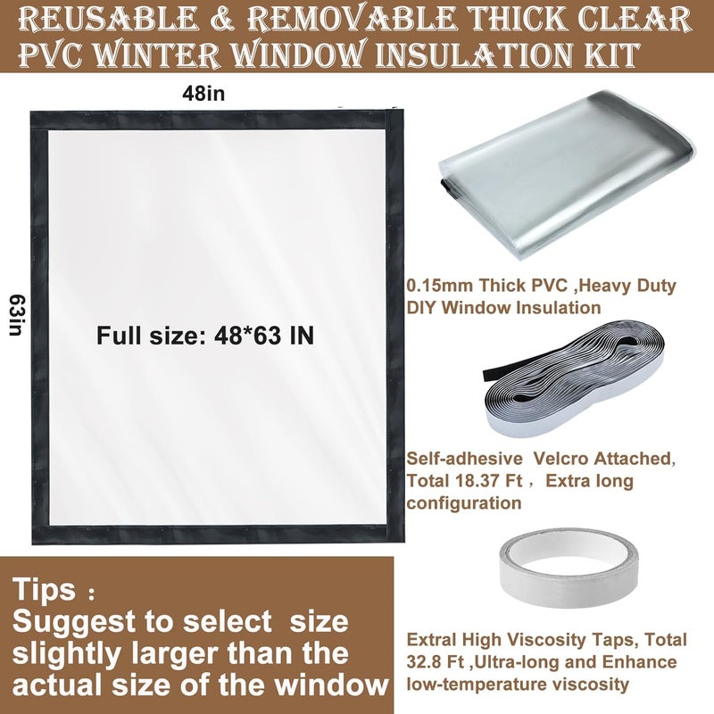 Jeyeou Window Insulation Kit for Winter Heavy Duty Plastic Window Cover Sealer Reusable Clear Thick Insulation Wrap Transparent Film with Strong Adhesive Tape and Hook and Loop Tape for Winterizing 48''x63'' - Image 2