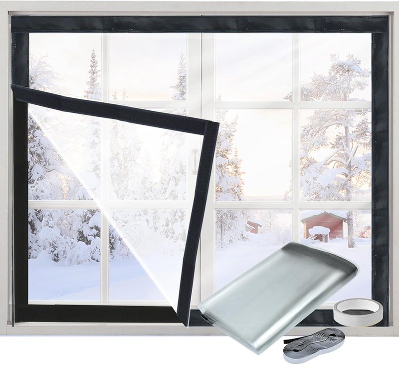 Jeyeou Window Insulation Kit for Winter Heavy Duty Plastic Window Cover Sealer Reusable Clear Thick Insulation Wrap Transparent Film with Strong Adhesive Tape and Hook and Loop Tape for Winterizing 48''x63'' - Image 1