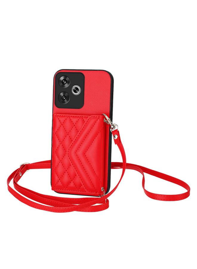 The Bros Case For Xiaomi Poco F6 5G India Rhombic Texture Card Bag RFID Phone Case with Long Lanyard
