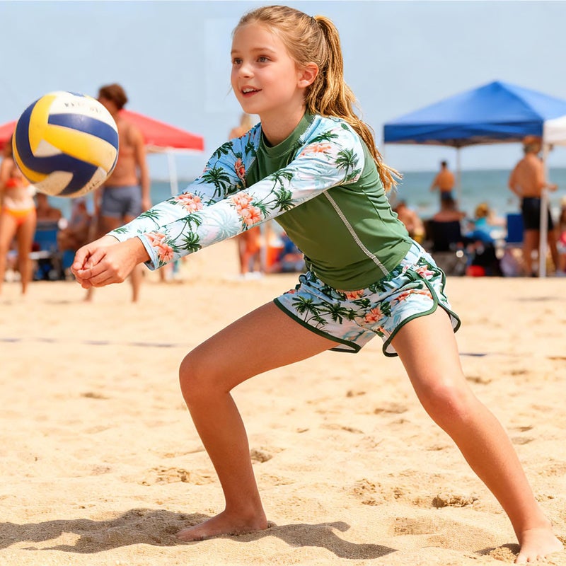 Vogseek Girls Bathing Suit with Rash Guard Long Sleeve Shirt Hawaiian Floral Swimming Suits for Girl Size 13-14 Swim Set - Image 3