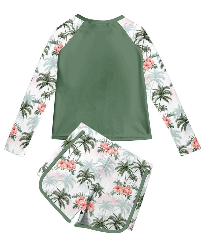 Vogseek Girls Bathing Suit with Rash Guard Long Sleeve Shirt Hawaiian Floral Swimming Suits for Girl Size 13-14 Swim Set - Image 4