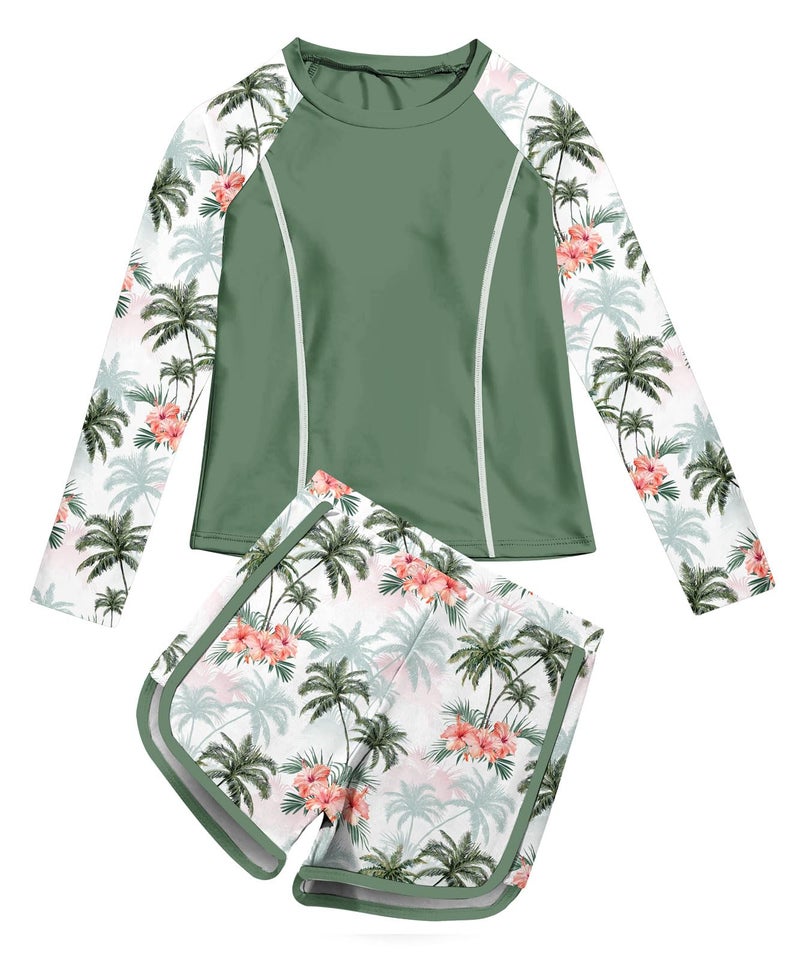 Vogseek Girls Bathing Suit with Rash Guard Long Sleeve Shirt Hawaiian Floral Swimming Suits for Girl Size 13-14 Swim Set - Image 1