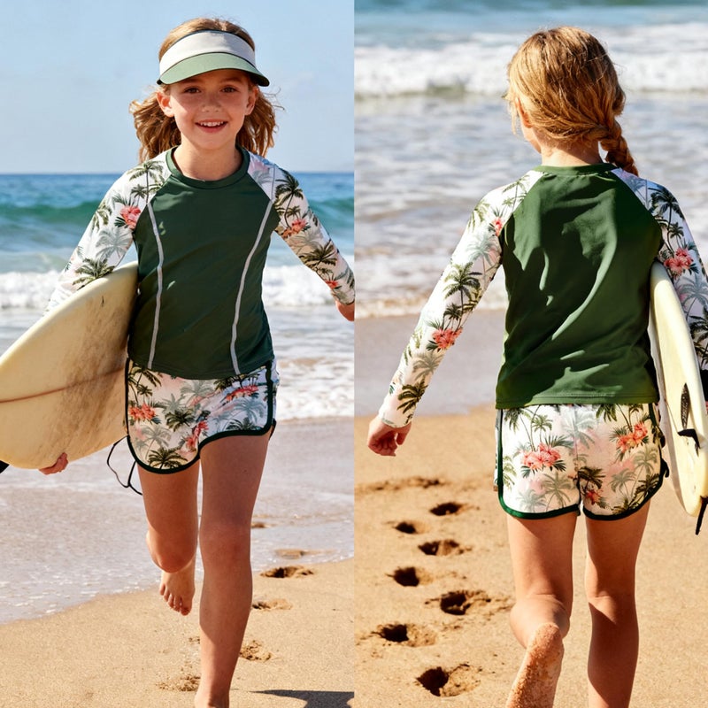 Vogseek Girls Bathing Suit with Rash Guard Long Sleeve Shirt Hawaiian Floral Swimming Suits for Girl Size 13-14 Swim Set - Image 5