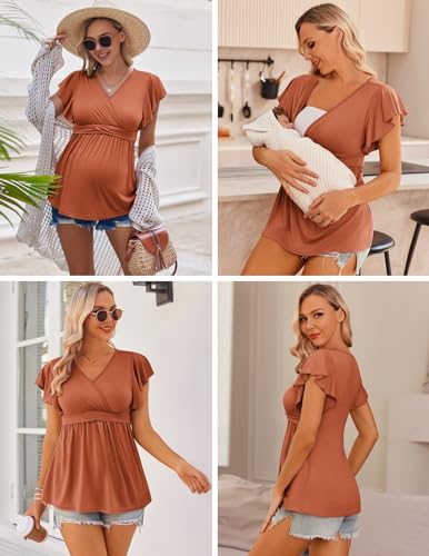Ekouaer Maternity Shirts 3 Packs Flying Short Sleeve Nursing Tops Pregnancy Clothes CaramelGreyWine red XXL - Image 3