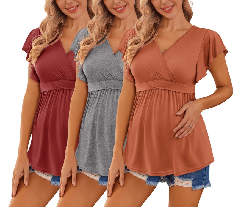 Ekouaer Maternity Shirts 3 Packs Flying Short Sleeve Nursing Tops Pregnancy Clothes CaramelGreyWine red XXL - Image 2