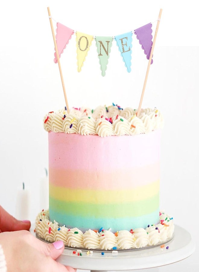 HIKLO Rainbow First Birthday Cake Topper - Pastel Rainbow One Cake Bunting, 1st Birthday Decorations for Girls, Colorful Cake Decoration Party Supplies, Cake Smash Photo Props - Image 4