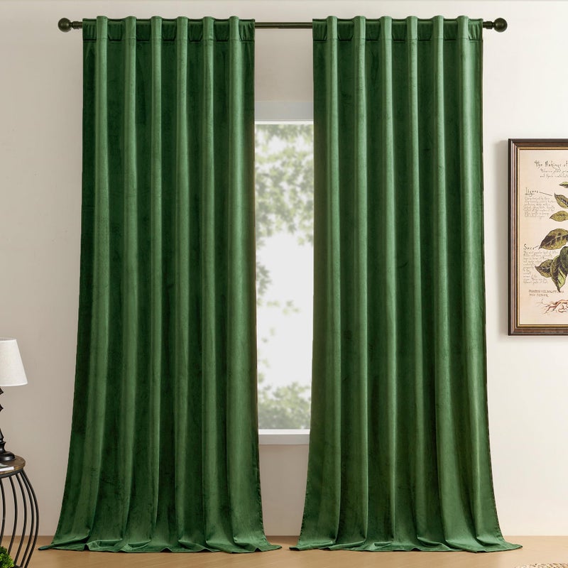 Timeper Moss Green 120 inches Velvet Curtains  Room Darkening Privacy Protection Luxury Window Treatment Super Soft Drapes for Bedroom Living Room  Rod Pocket & Back Tab W52 x L120  2Pcs - Image 1