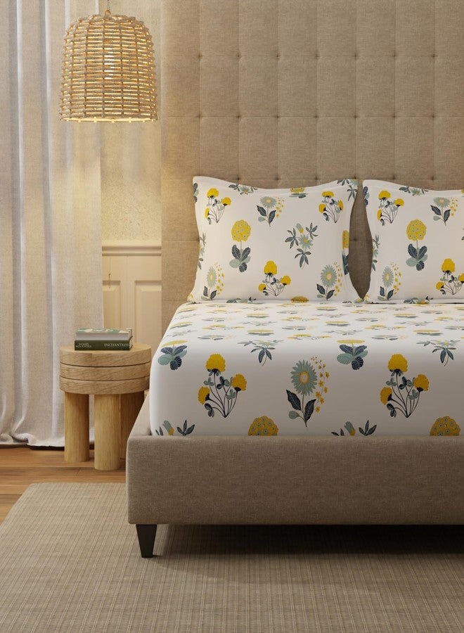 Urban Space Serene 200 TC 100% Cotton Elastic Fitted Floral Bedsheets King Size With 2 Pillow Covers, King Size Bedsheet (Radiance White, Size 72 X 78 Inches) - Image 3