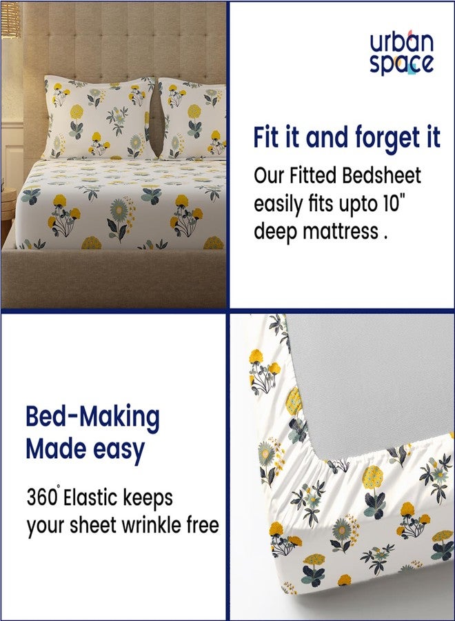 Urban Space Serene 200 TC 100% Cotton Elastic Fitted Floral Bedsheets King Size With 2 Pillow Covers, King Size Bedsheet (Radiance White, Size 72 X 78 Inches) - Image 2