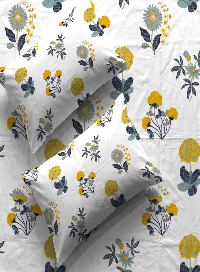 Urban Space Serene 200 TC 100% Cotton Elastic Fitted Floral Bedsheets King Size With 2 Pillow Covers, King Size Bedsheet (Radiance White, Size 72 X 78 Inches) - Image 1