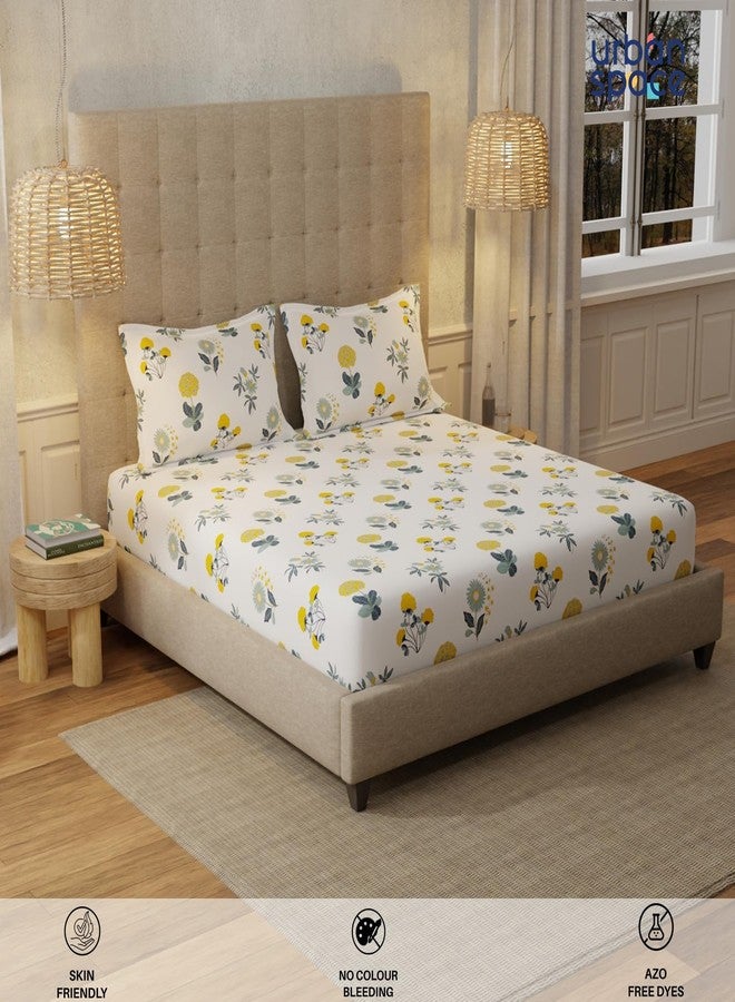 Urban Space Serene 200 TC 100% Cotton Elastic Fitted Floral Bedsheets King Size With 2 Pillow Covers, King Size Bedsheet (Radiance White, Size 72 X 78 Inches) - Image 5