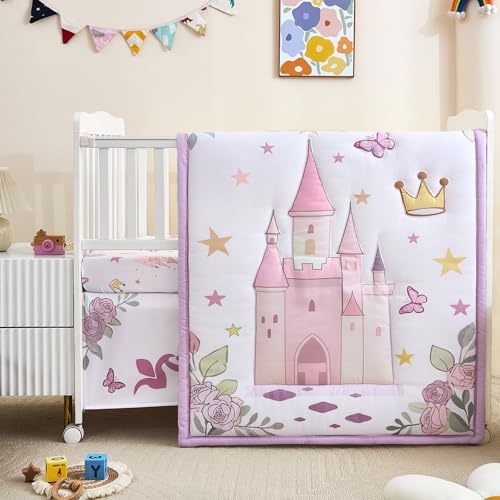 NacoMoco 3-Piece Crib Bedding Set for Girls - Ultra Soft Baby Bedding Set Includes Crib Comforter, Sheet & Skirt (Purple) - Image 1