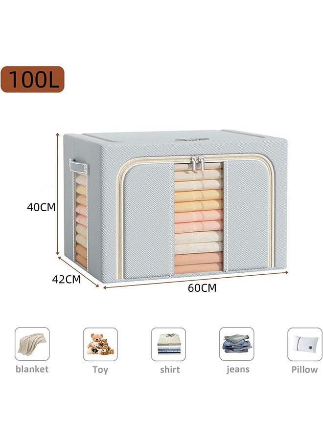 JCB CHIC Clothes Storage Bins with Metal Frame, Foldable Storage Box with Handles & Clear Window & Double Zippers, Fabric Closet Organizers and Storage Bins (100L) - Image 2