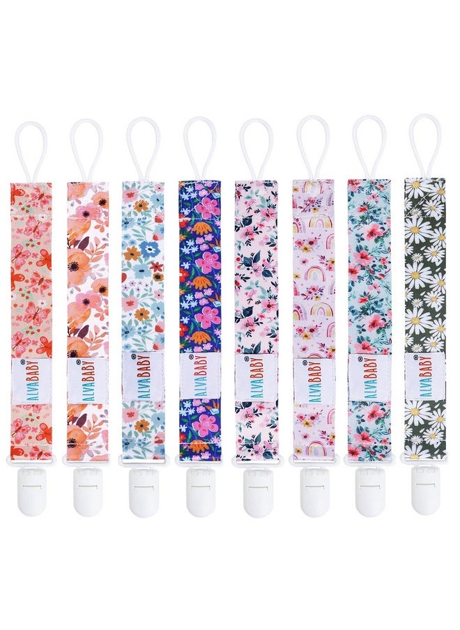 ALVABABY - Pacifier Clips Floral 8 Packs Paci Clip Holder Leashes For Baby Girls Fits Teething Rings Toys - Image 1