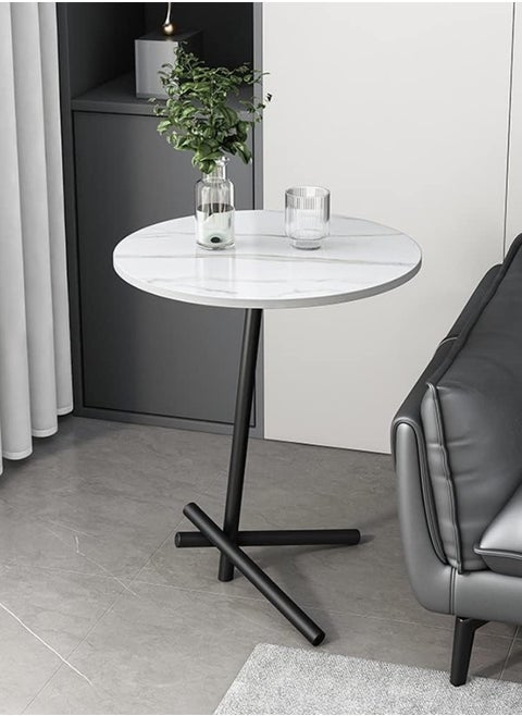 Modern Round Side Table with Marble-Effect Top and Black Metal Base