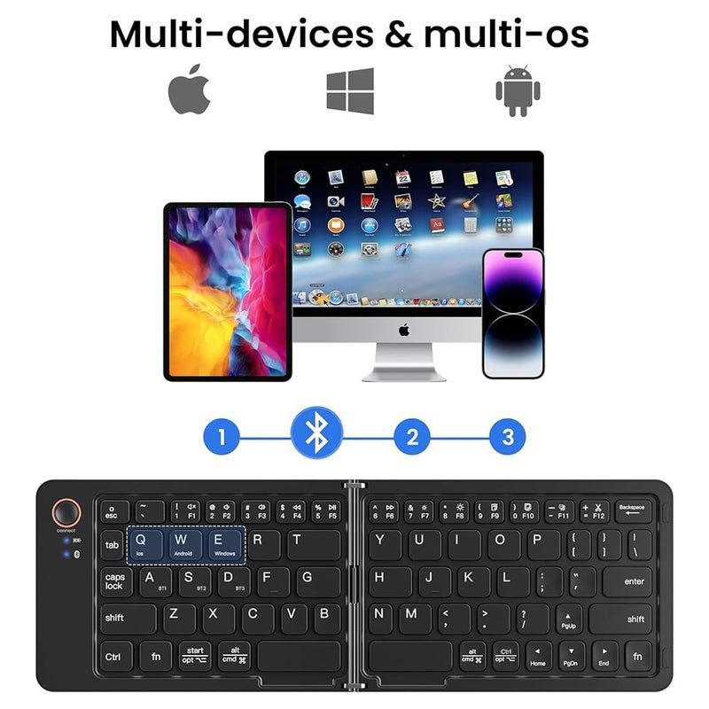 TECPHILE Bluetooth Wireless Foldable Keyboard, Multidevice Connectivity, Type C Rechargeable, Silent Typing, Mini Portable Pocket Size Folding Keyboard for Mobile, Tablet, Laptop (with Mobile Holder) - Image 2