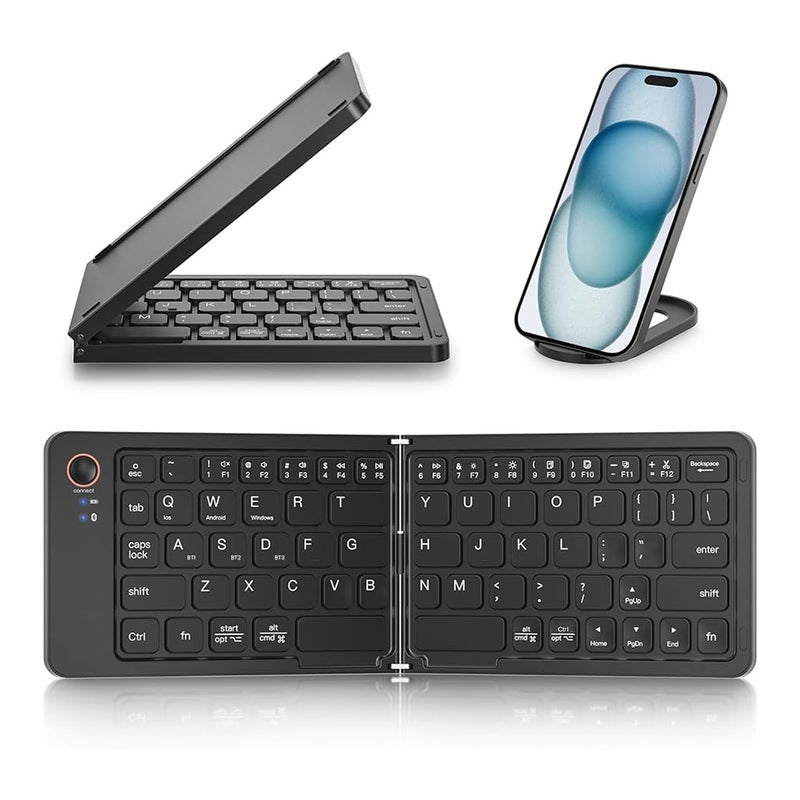 TECPHILE Bluetooth Wireless Foldable Keyboard, Multidevice Connectivity, Type C Rechargeable, Silent Typing, Mini Portable Pocket Size Folding Keyboard for Mobile, Tablet, Laptop (with Mobile Holder) - Image 1