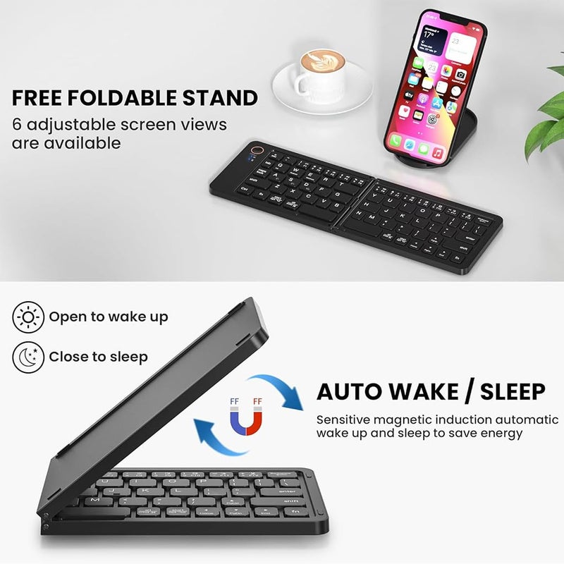 TECPHILE Bluetooth Wireless Foldable Keyboard, Multidevice Connectivity, Type C Rechargeable, Silent Typing, Mini Portable Pocket Size Folding Keyboard for Mobile, Tablet, Laptop (with Mobile Holder) - Image 4