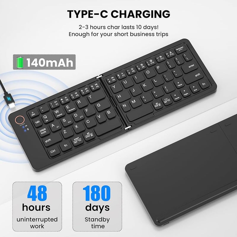 TECPHILE Bluetooth Wireless Foldable Keyboard, Multidevice Connectivity, Type C Rechargeable, Silent Typing, Mini Portable Pocket Size Folding Keyboard for Mobile, Tablet, Laptop (with Mobile Holder) - Image 3