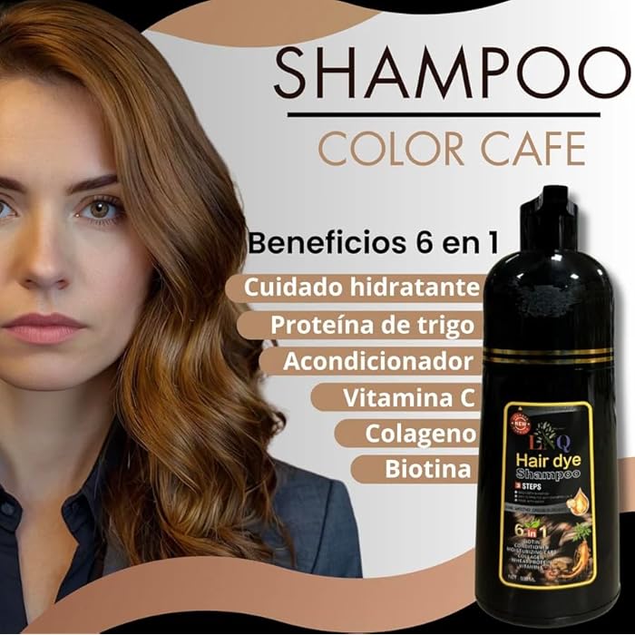 Shampoo con Tinte Café 6 en 1 – Con Ginseng, Colágeno y Bioti – Cubre Canas – Sin Amoníaco – Hidratación y Brillo – 500 m - Image 2