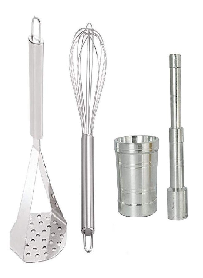 First Front Stainless Steel Kitchen Combo Set of Potato Vegetables Pav Bhaji Masher, Egg Beater Whisk & Aluinium Mini 0 Size Khal Batta - Image 1